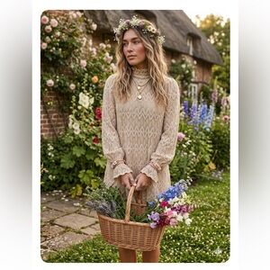 Free People Lace Mini Dress Tunic / Cover Up Boho Bell Sleeve Tan Small